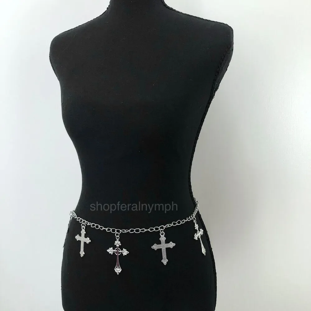 Vintage Y2K Whimsygoth Silver Cross Chain Belt, Fits 19–42 Inches, X7GA1189
